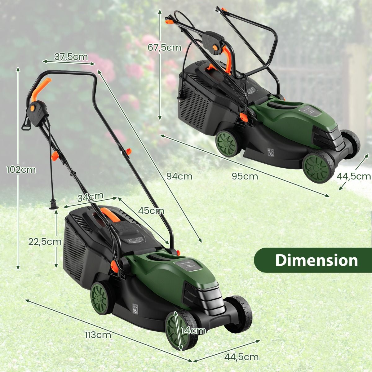 Corded Electric Lawn Mower 1500 W 4015 RPM Collection Box 35 L 3 Adjustable Height 25-65 MM Cutting Width 34 CM Green -