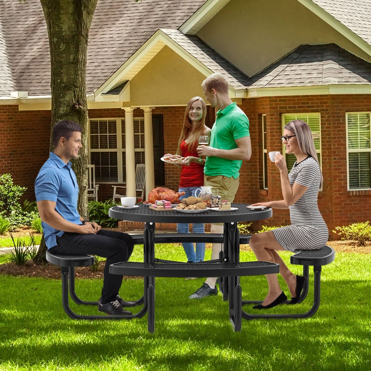 Round Picnic Table with 4 Integrated Benches for 8 People Metal Camping Table with Seats and Umbrella Hole 202x75cm Black -