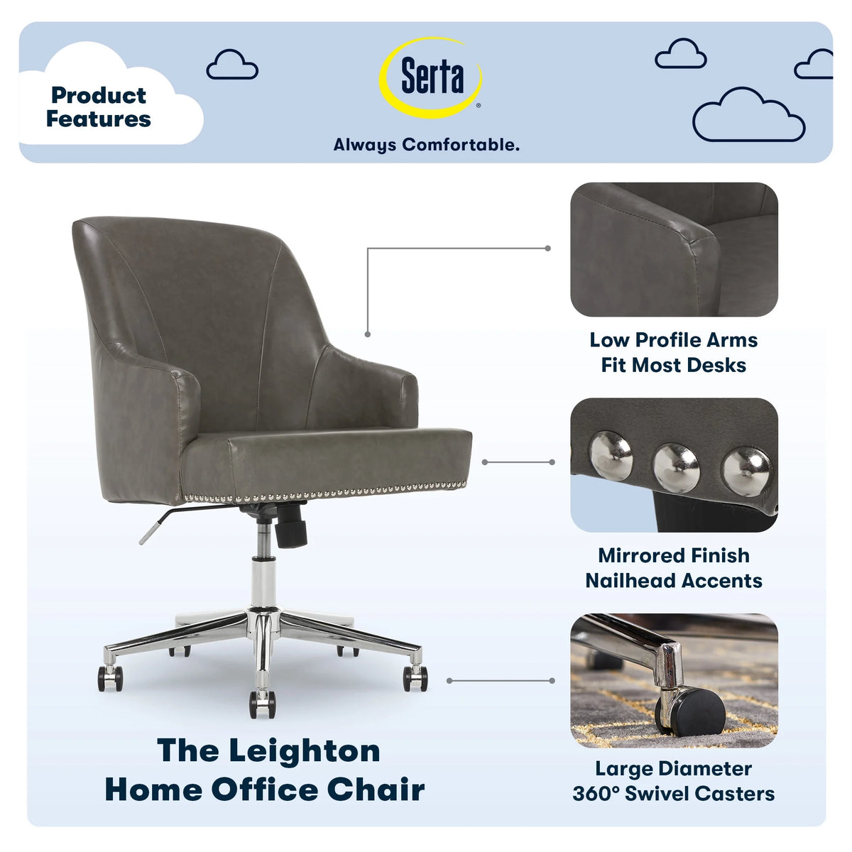 Serta Leighton Home Office Desk Chair Chrome Nailheads Twill Fabric Lilac Purple - Product image 38