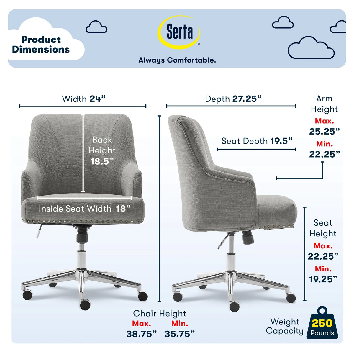 Serta Leighton Home Office Desk Chair Chrome Nailheads Twill Fabric Lilac Purple - Product image 22
