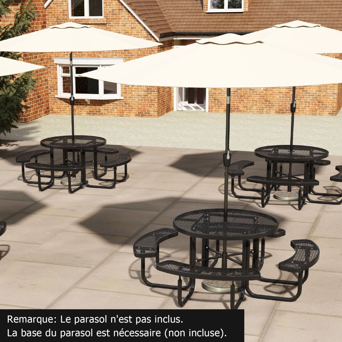 Round Picnic Table with 4 Integrated Benches for 8 People Metal Camping Table with Seats and Umbrella Hole 202x75cm Black -