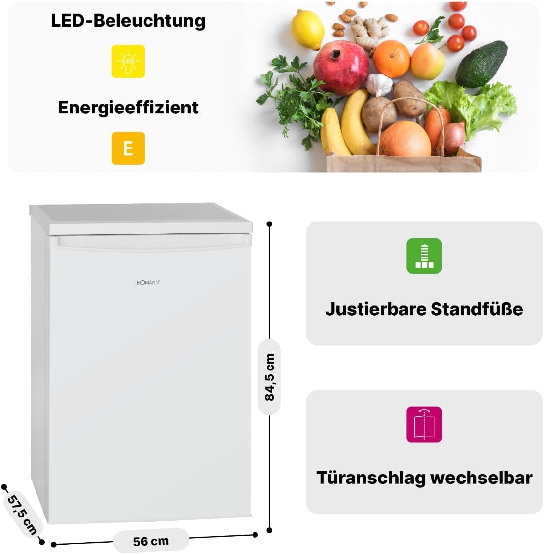 Bomann 133L white refrigerator VS2185-1-white, Net capacity: 133 liters, LED interior lighting, Continuous temperature control, 3 glass shelves
