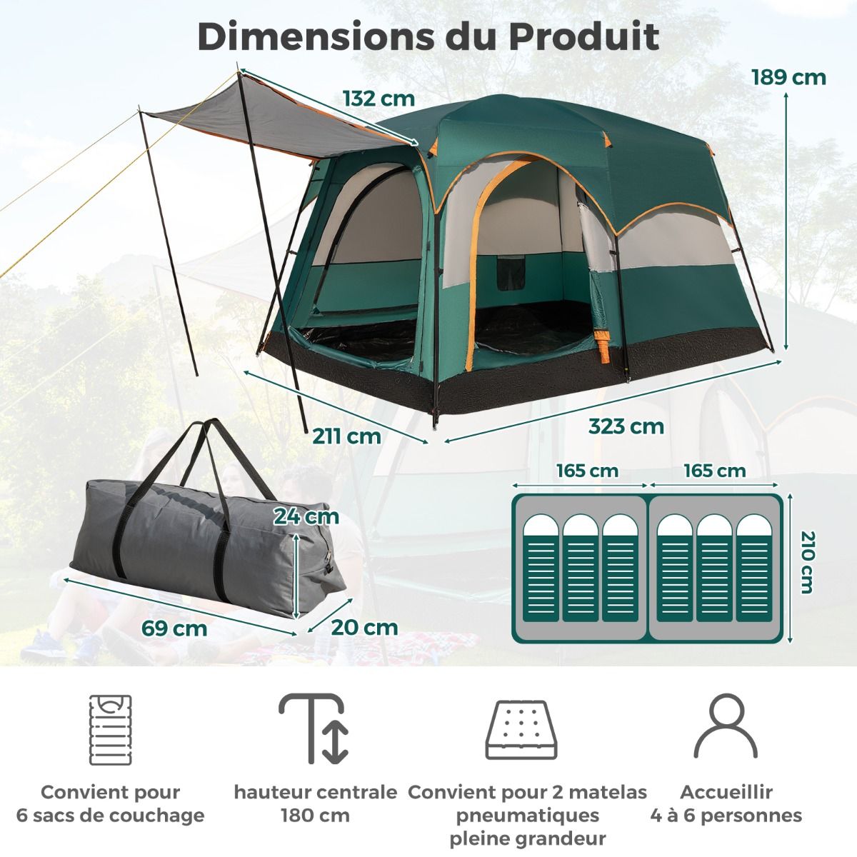 6 Person Camping Tent with 2 Rooms Double Bed Tent Double Roof PE Tarpaulin Waterproof Mesh Windows with Carry Bag Green -