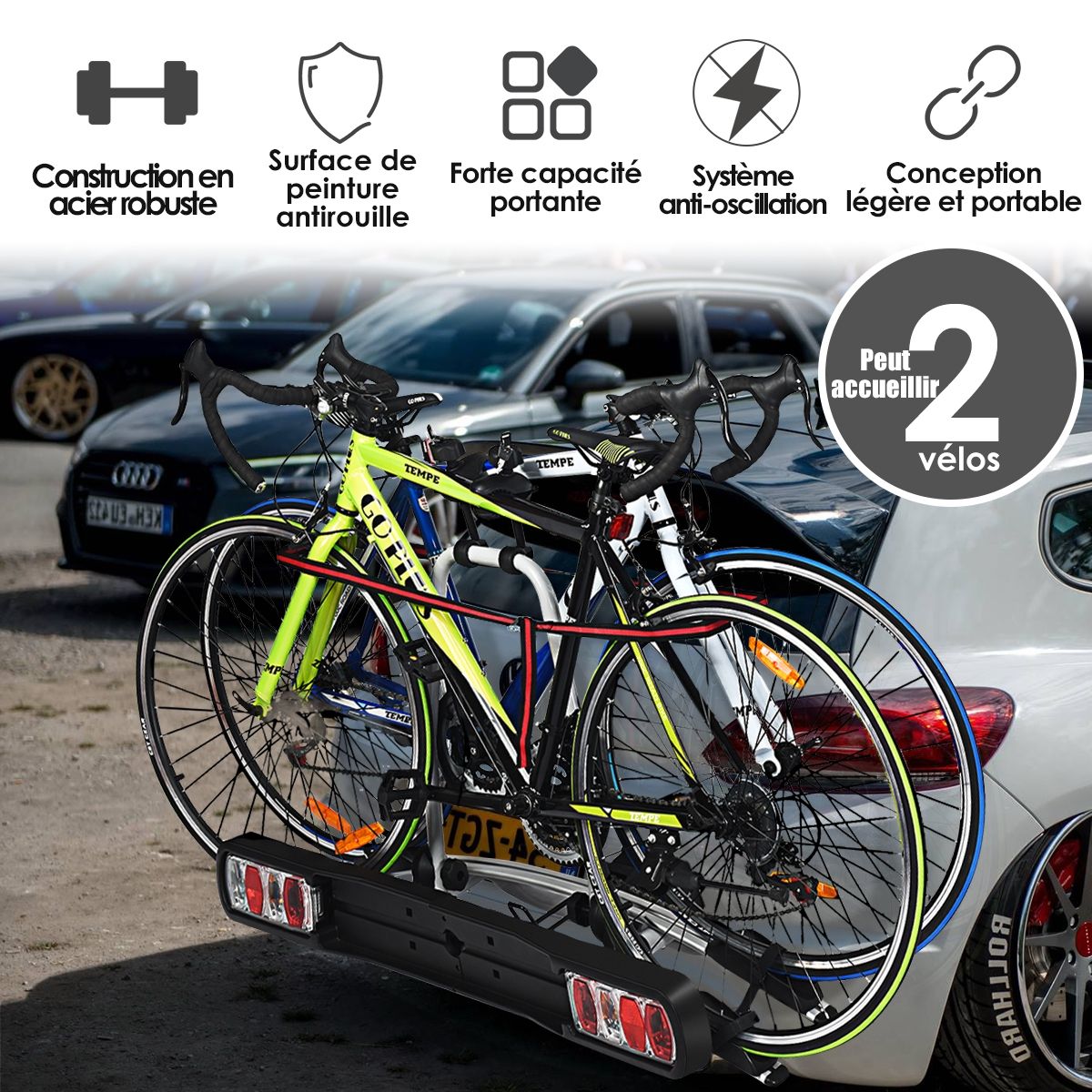 Bike carrier for hitch on SUV Sedan Van for 2 bikes Intelligent tilting design 113x72x63cm -