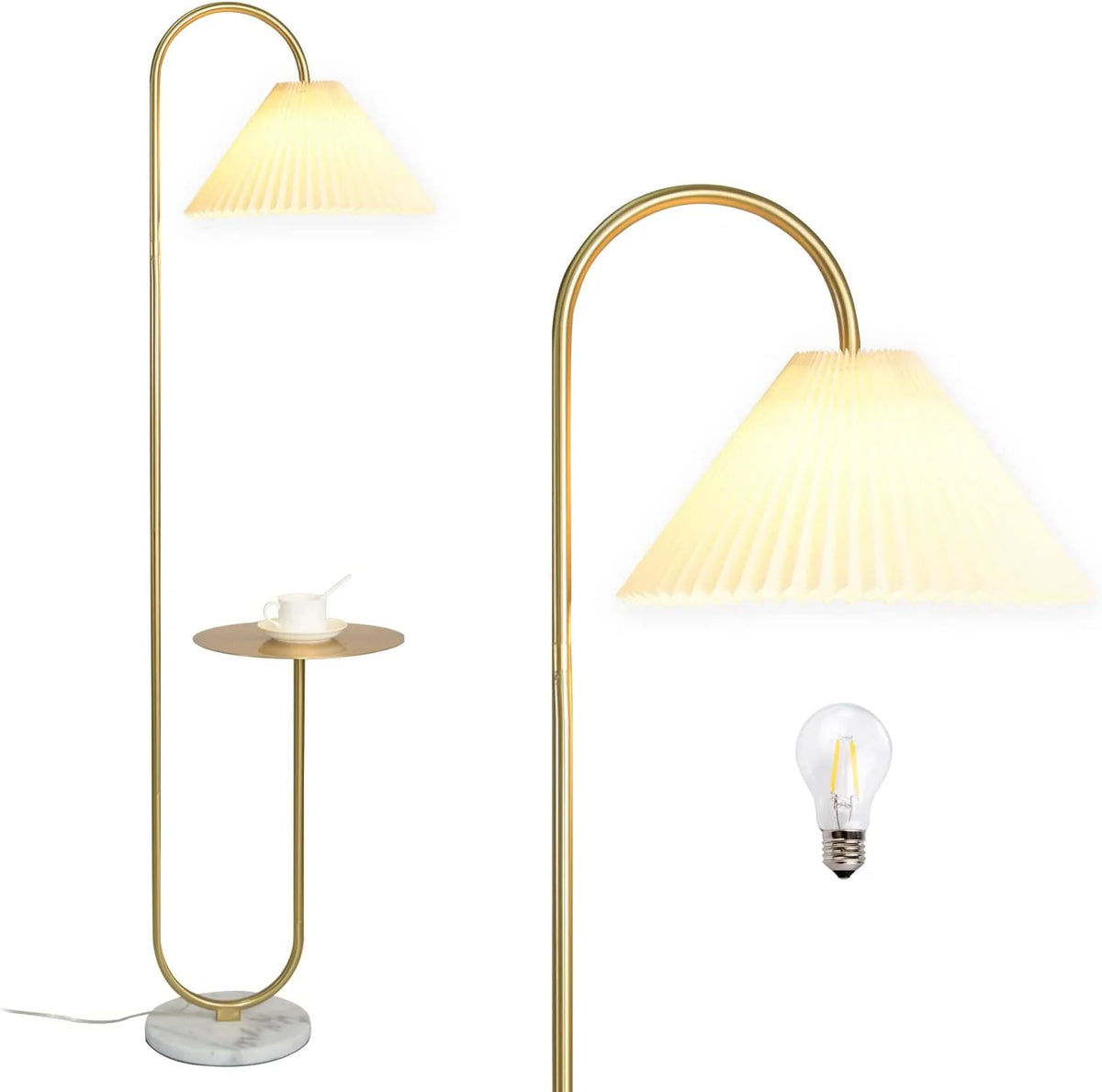 Modern Elegant with Tray Floor Lamp for Office Cafe Den Living Room Bedroom, Foot Switch and Brass/Gold Finish, Light Yellow Pleated Cloth Lampshade