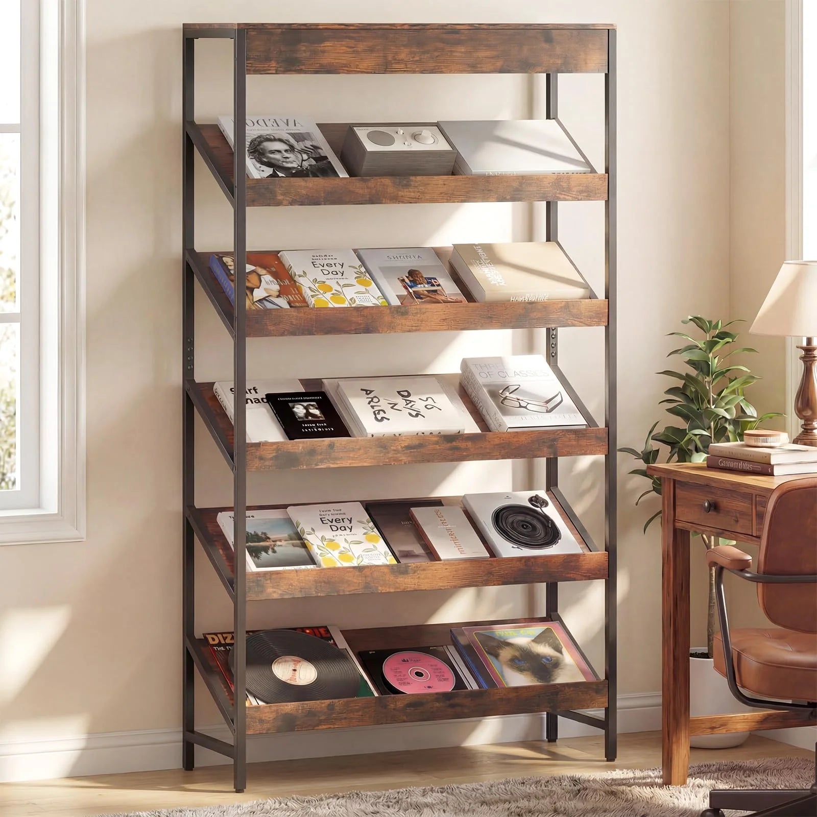 Tangkula 6-Tier Tall Freestanding Bookshelf with Angled Shelves for Home Office - Product image 1