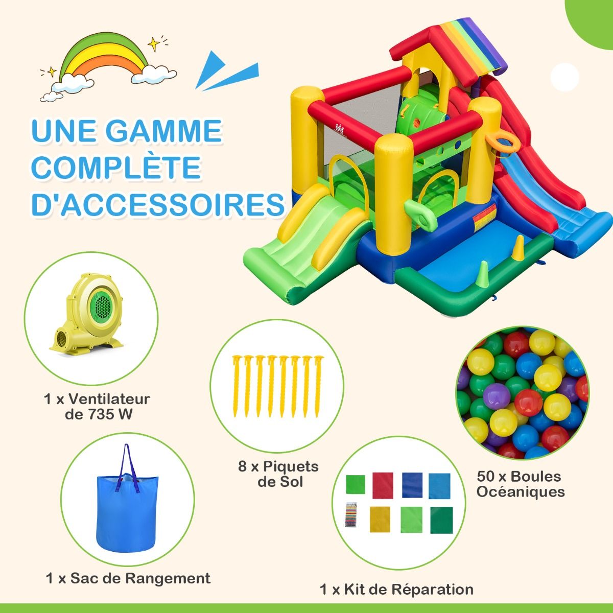 7 in 1 Rainbow Themed Inflatable Castle with Fan Double Slides Ball Pool Basketball Hoop Load 90kg -