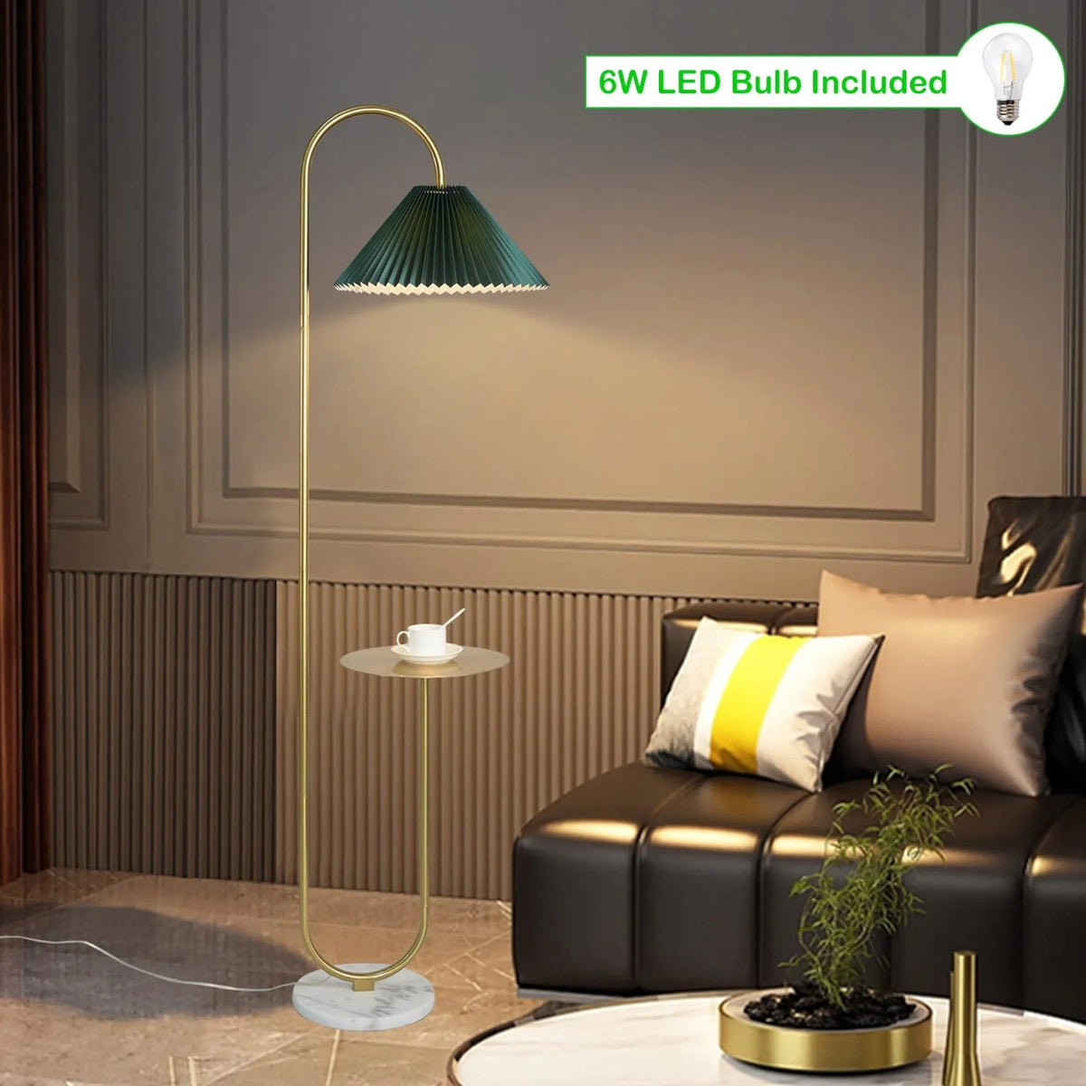 Modern Elegant with Tray Floor Lamp for Office Cafe Den Living Room Bedroom, Foot Switch and Brass/Gold Finish, Light Yellow Pleated Cloth Lampshade