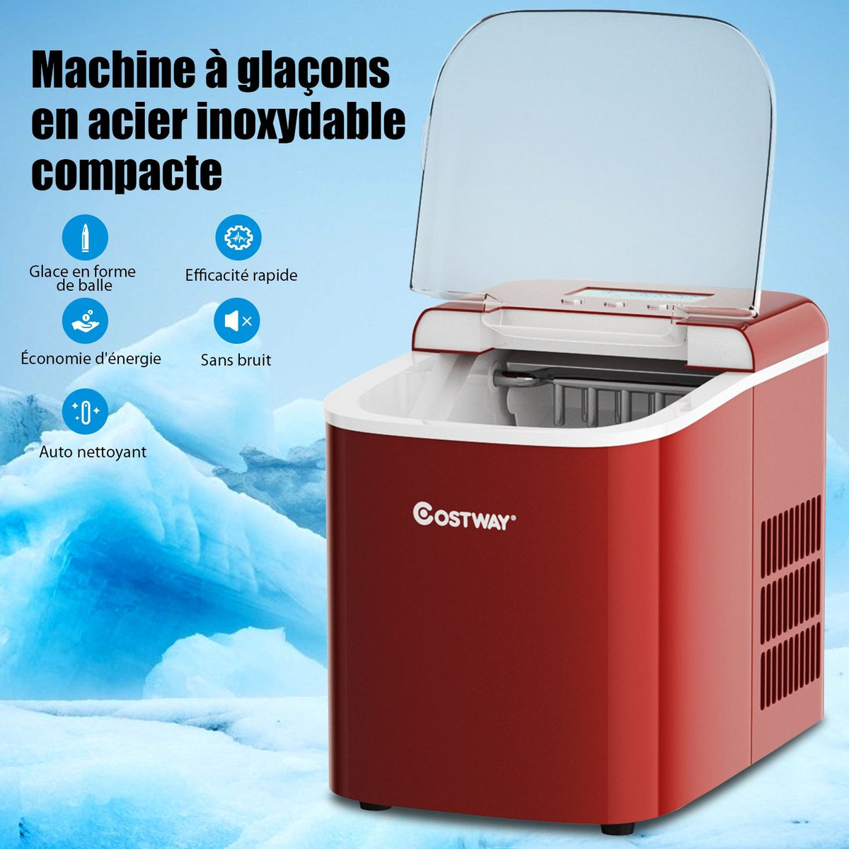 Ice Cube Machine 12KG/24H 2 Ice Cube Sizes 2.1L Tank 9pcs in 7 Minutes Shovel Removable Basket Countertop Home Red -