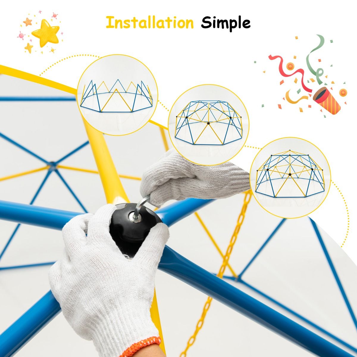 305cm Climbing Dome with Swing Metal Climbing Cage Max Load 363kg Indoor Outdoor for Children 3-10 Years Old Yellow/Red -