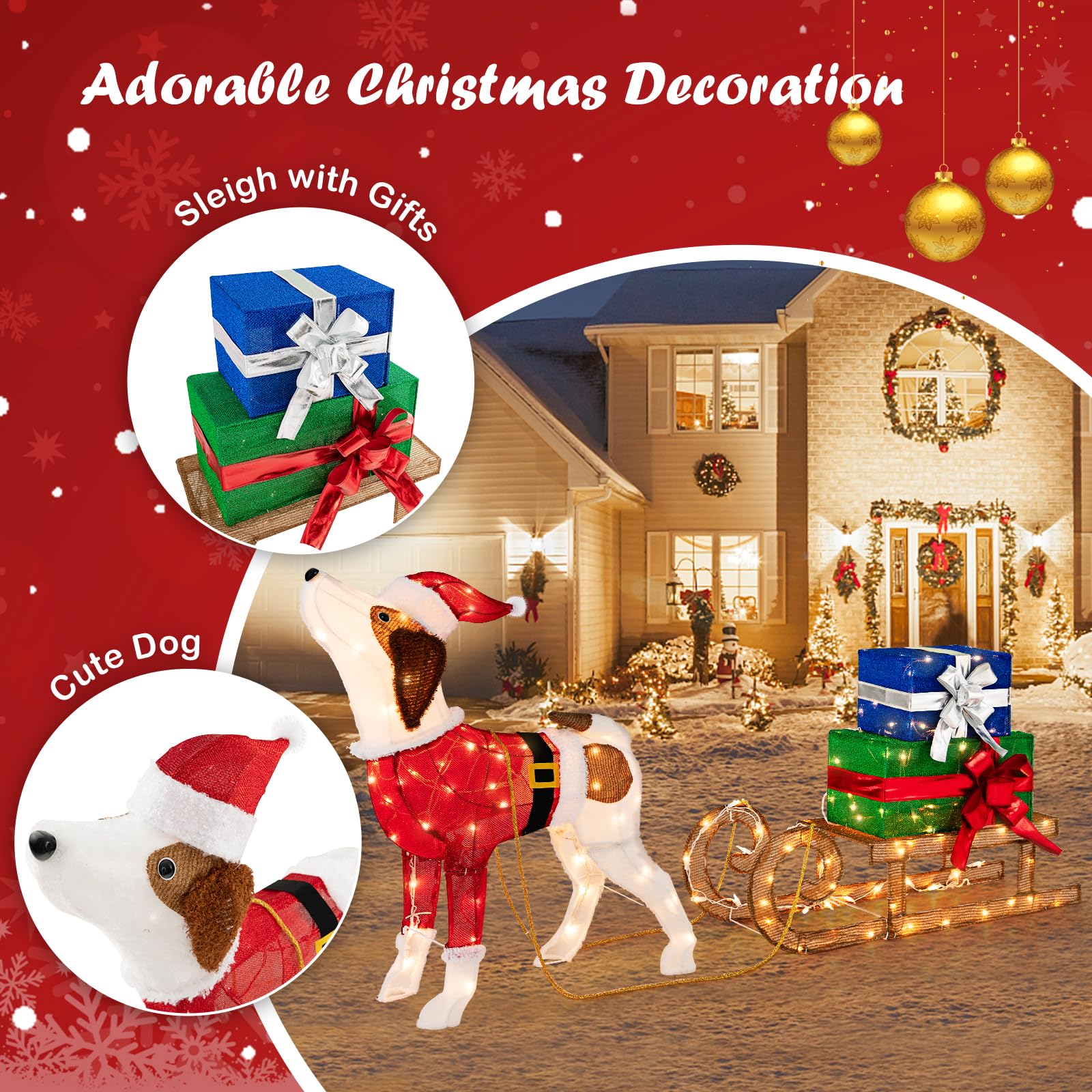 Tangkula Lighted Christmas Dog with Sleigh & Gift Boxes Combo Decorations