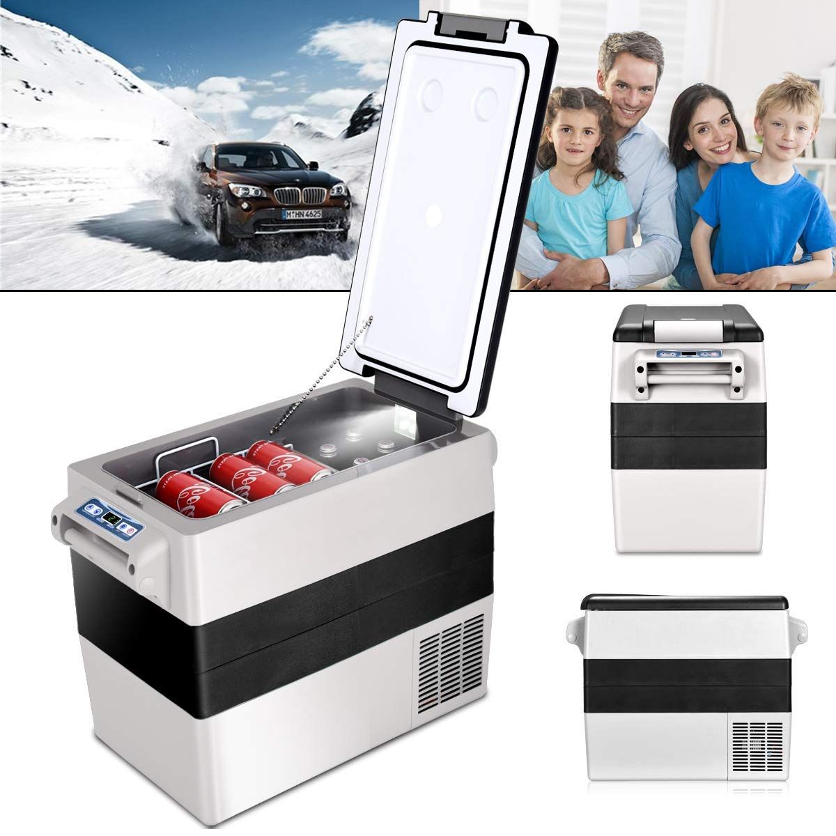 52l Car Fridge -20+10Mini Portable Fridge Lcd Screen Adapter 69x34.5x52.5cm Black+Grey -