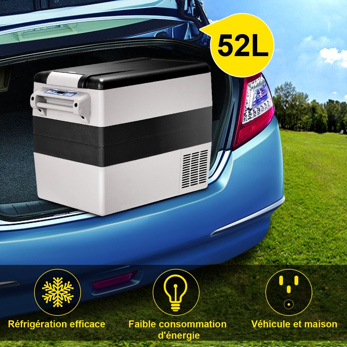 52l Car Fridge -20+10Mini Portable Fridge Lcd Screen Adapter 69x34.5x52.5cm Black+Grey -