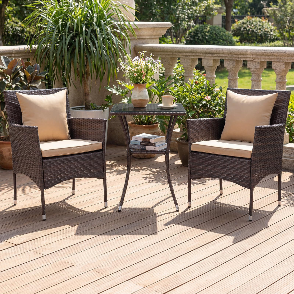 Tangkula 3 Pieces Patio Wicker Bistro Set - 2 Rattan Chairs w/ 2-Tier Tempered Glass Table - Product image 2
