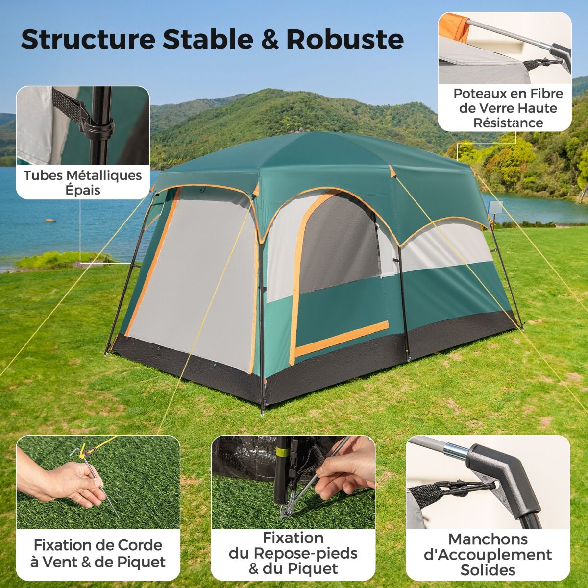 6 Person Camping Tent with 2 Rooms Double Bed Tent Double Roof PE Tarpaulin Waterproof Mesh Windows with Carry Bag Green -