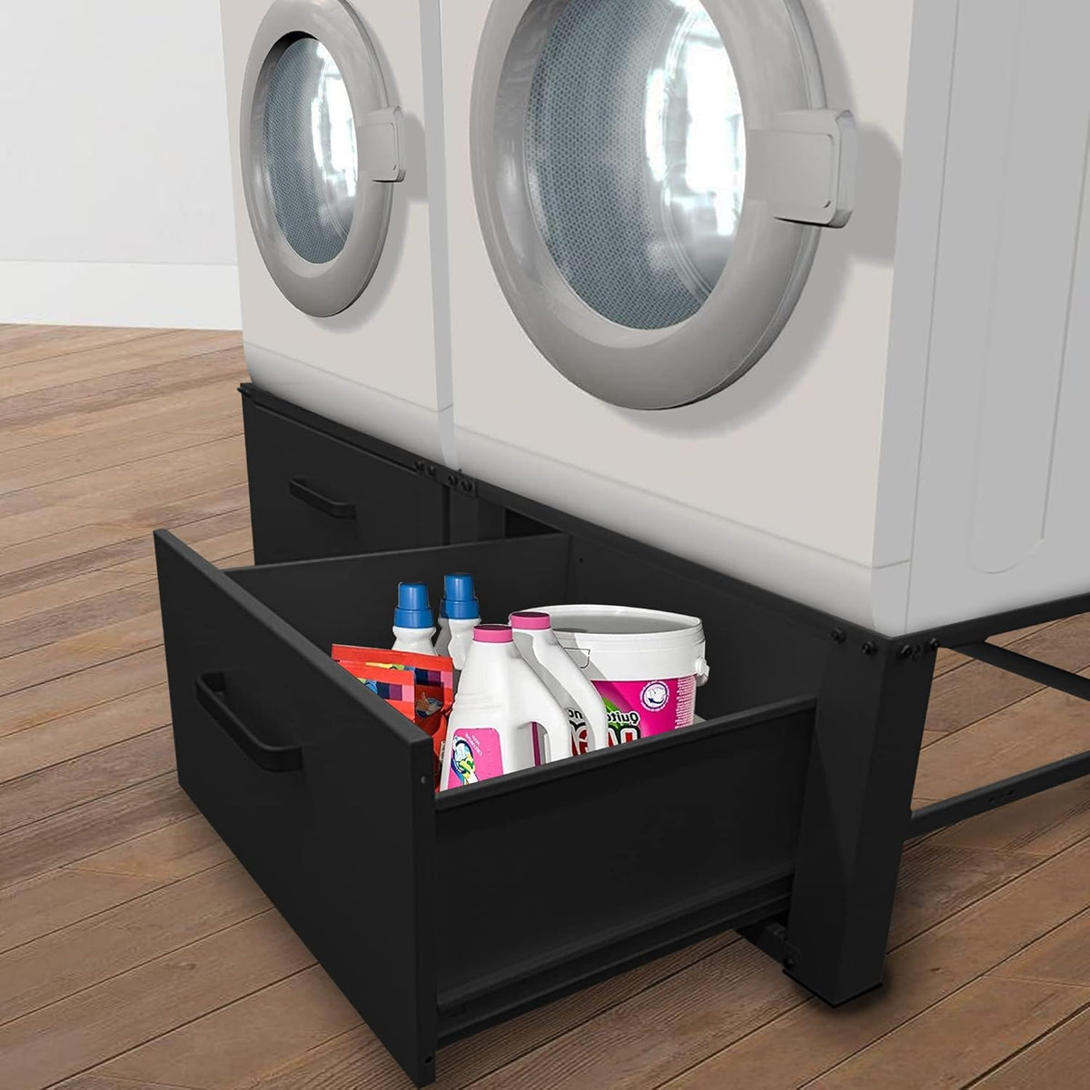 Vonia Double Riser for Washing Machine and Tumble Dryer – With Drawer – Robust Washing Machine Stand – Black