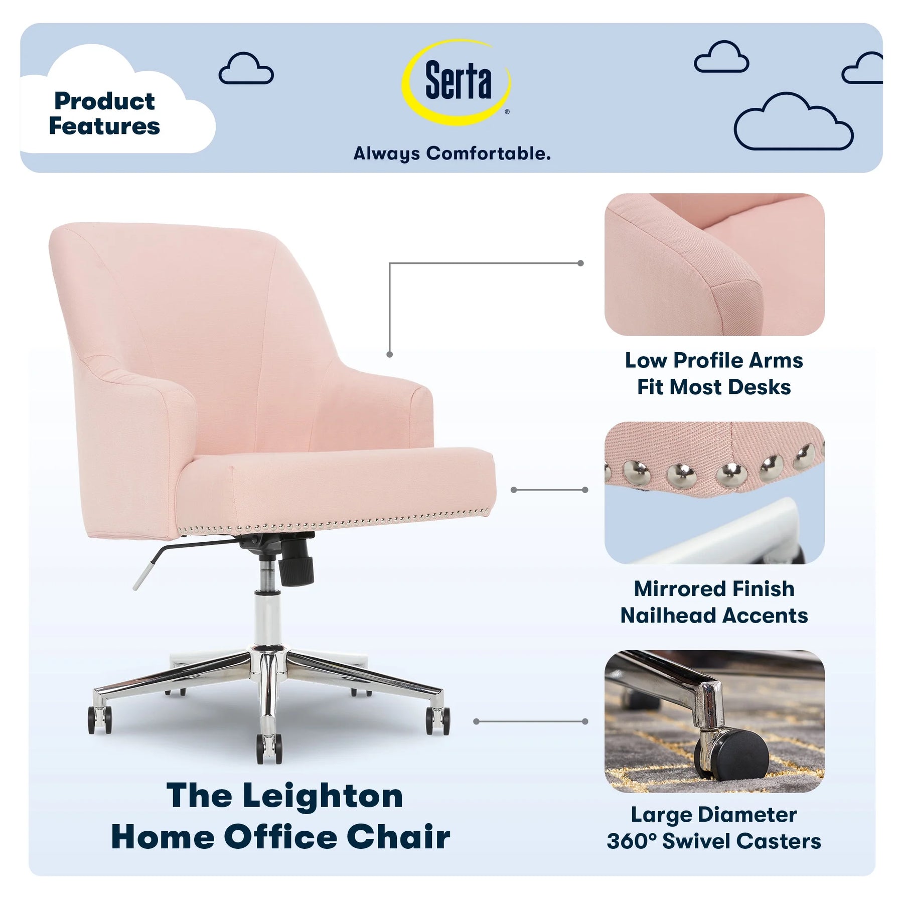 Serta Leighton Home Office Desk Chair Chrome Nailheads Twill Fabric Lilac Purple - Product image 46