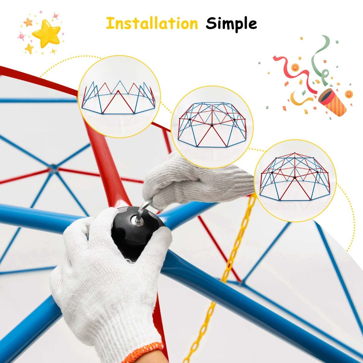 305cm Climbing Dome with Swing Metal Climbing Cage Max Load 363kg Indoor Outdoor for Children 3-10 Years Old Yellow/Red -