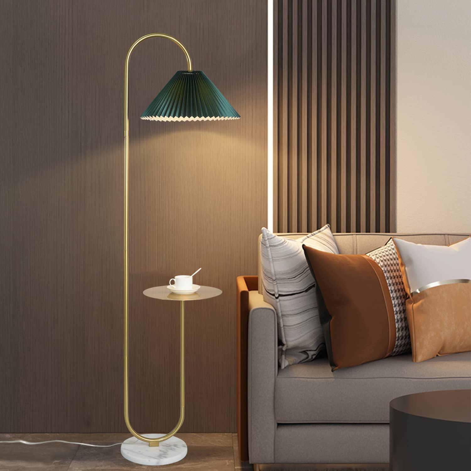 Modern Elegant with Tray Floor Lamp for Office Cafe Den Living Room Bedroom, Foot Switch and Brass/Gold Finish, Light Yellow Pleated Cloth Lampshade