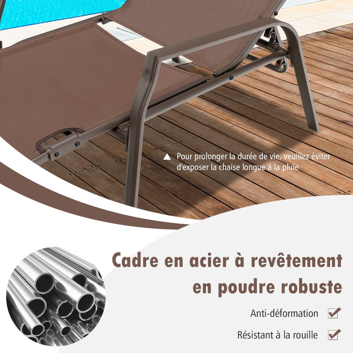 Set of 2 Deck Chairs with Adjustable Backrest Breathable Fabric Robust Steel Structure Max Load 150KG -