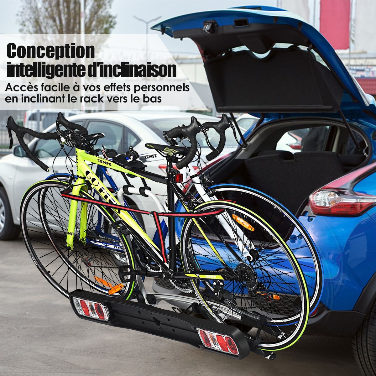 Bike carrier for hitch on SUV Sedan Van for 2 bikes Intelligent tilting design 113x72x63cm -