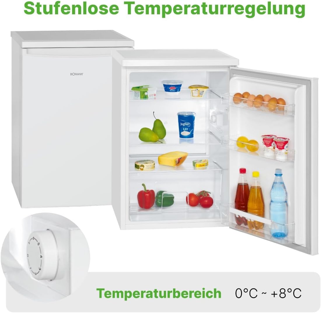 Bomann 133L white refrigerator VS2185-1-white, Net capacity: 133 liters, LED interior lighting, Continuous temperature control, 3 glass shelves