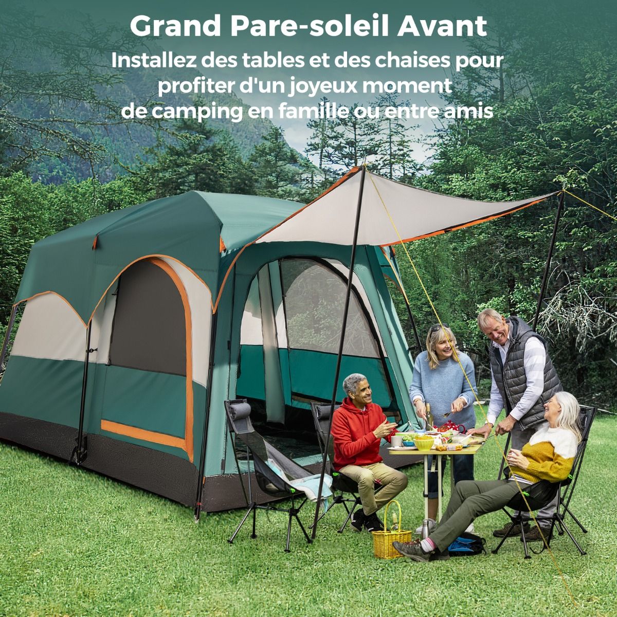 6 Person Camping Tent with 2 Rooms Double Bed Tent Double Roof PE Tarpaulin Waterproof Mesh Windows with Carry Bag Green -