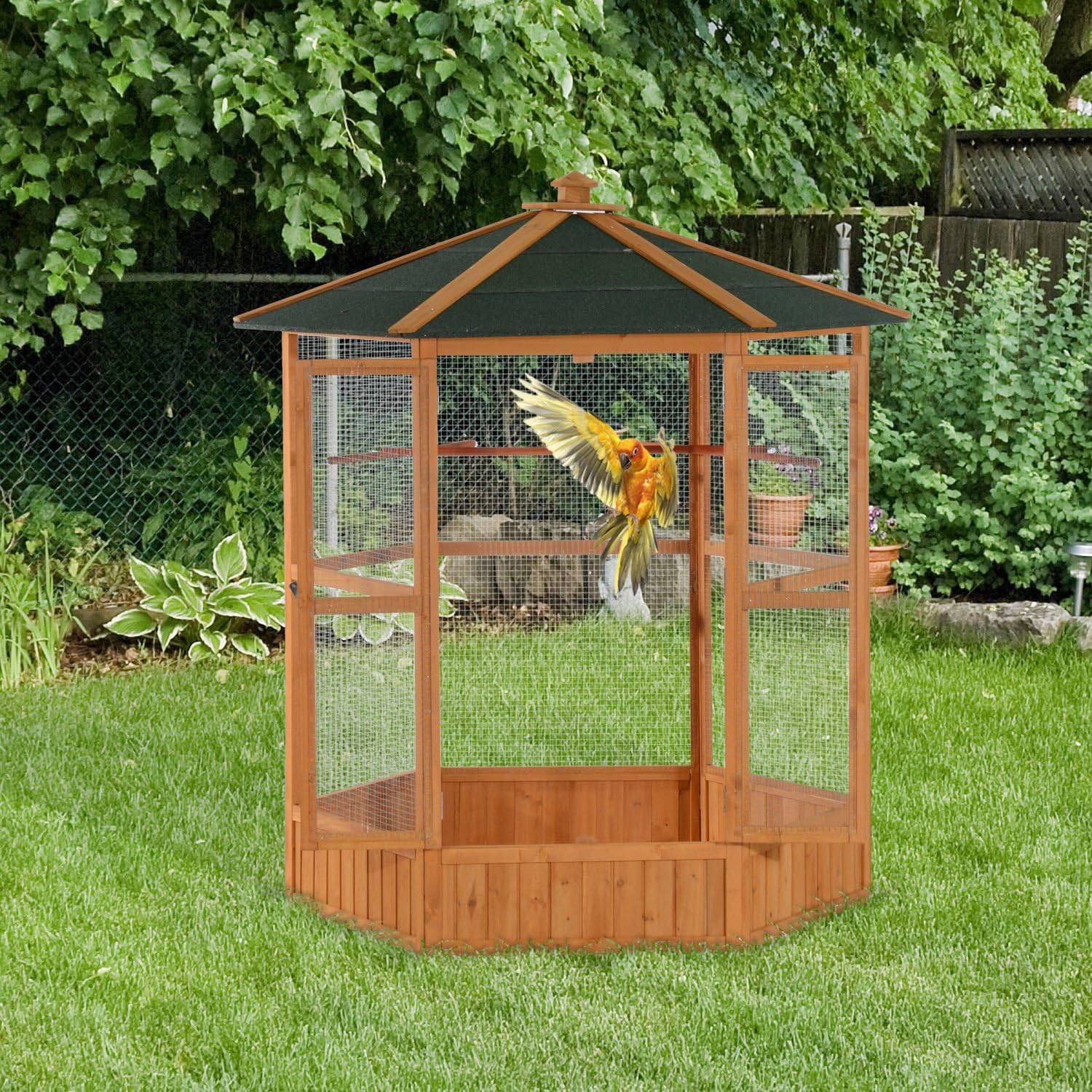 2025 Large Hexagonal Wooden Outdoor Aviary Bird Cage with Covered Roof -