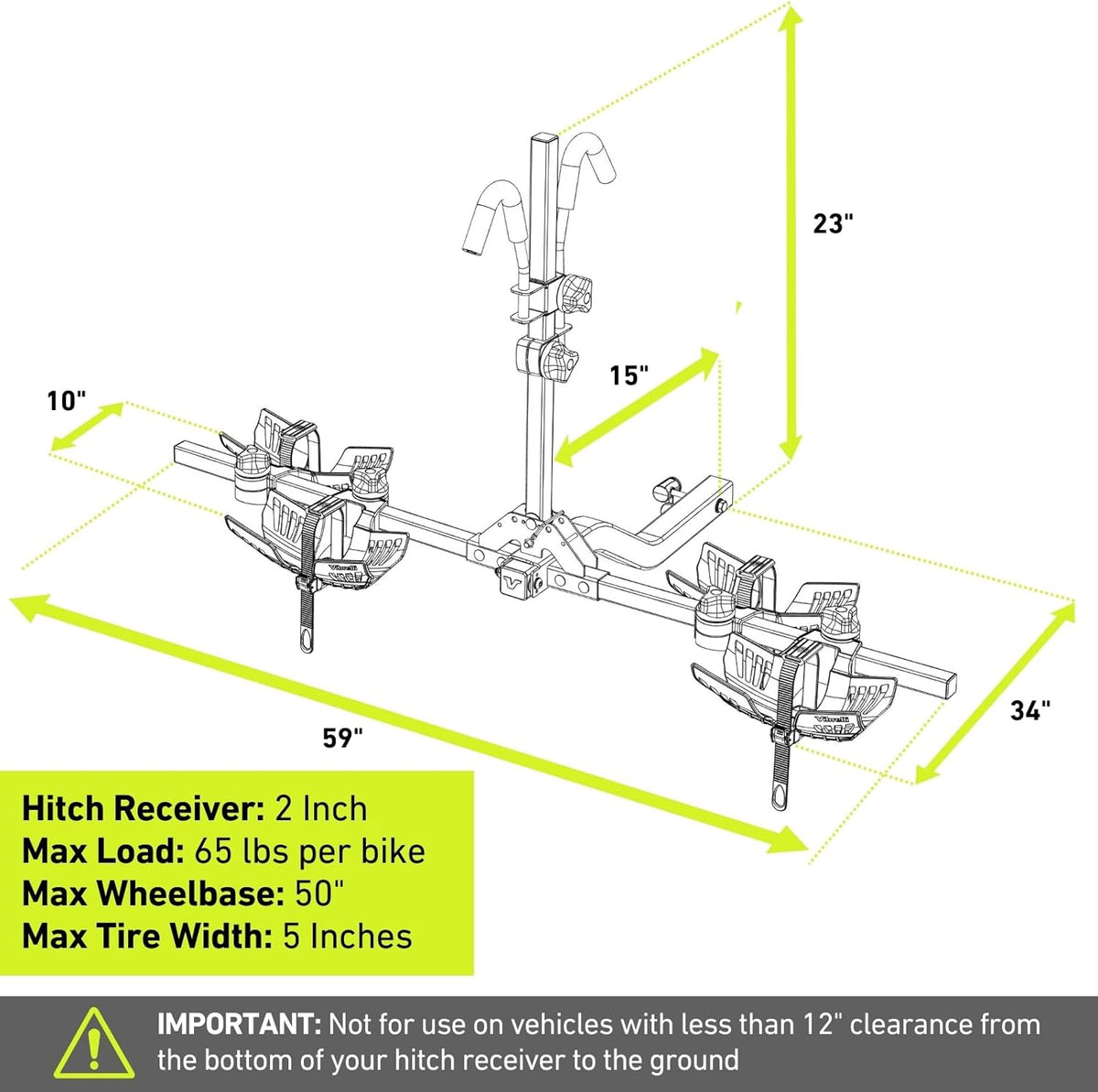Vibrelli Electric Bike Hitch Rack - 2 Electric Bike Racks for Fat Tires, Mountain Bikes, Standard Bikes - 65 lbs Per Bike - Patented Anti-Wobble - Cars and SUVs - Platform