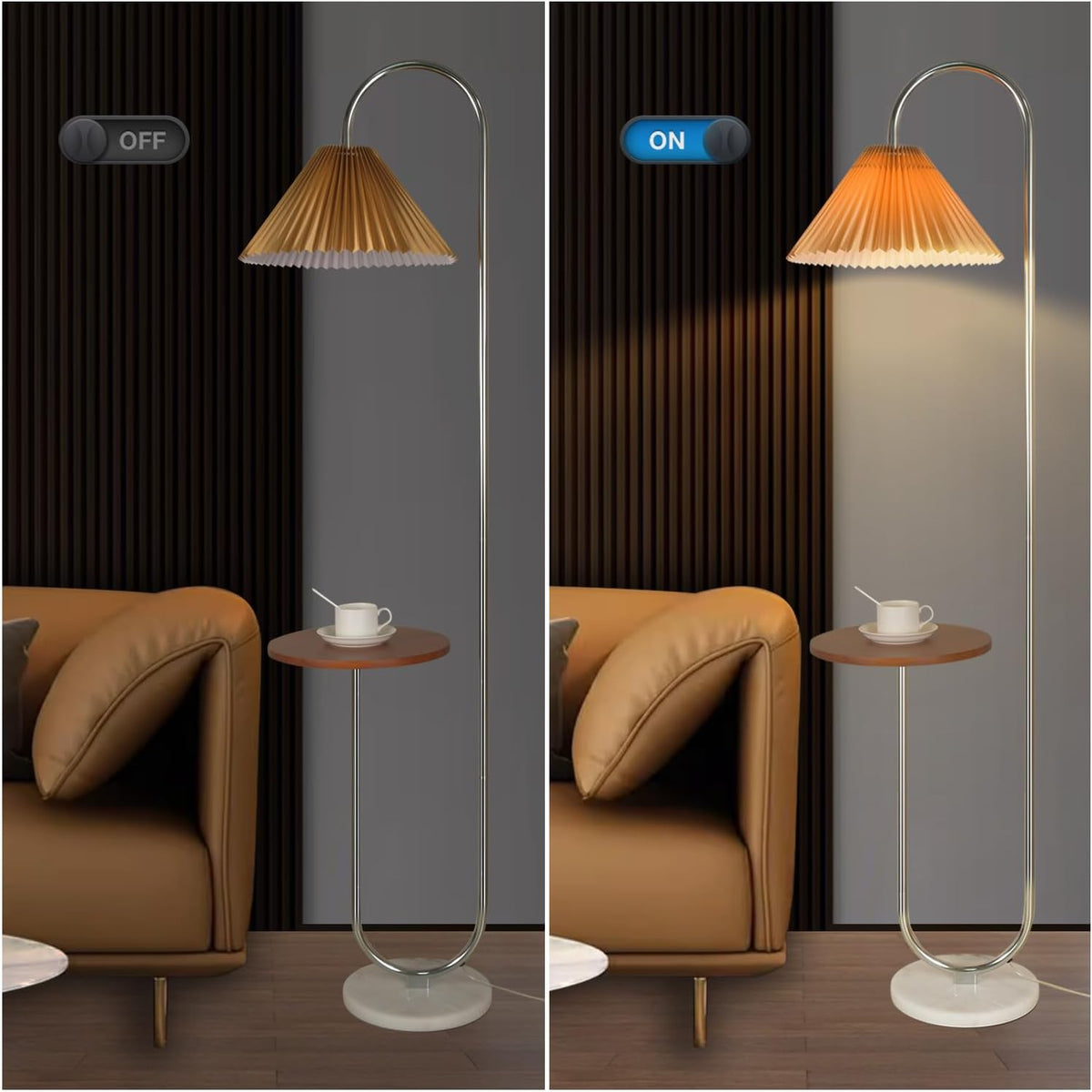 Modern Elegant with Tray Floor Lamp for Office Cafe Den Living Room Bedroom, Foot Switch and Brass/Gold Finish, Light Yellow Pleated Cloth Lampshade