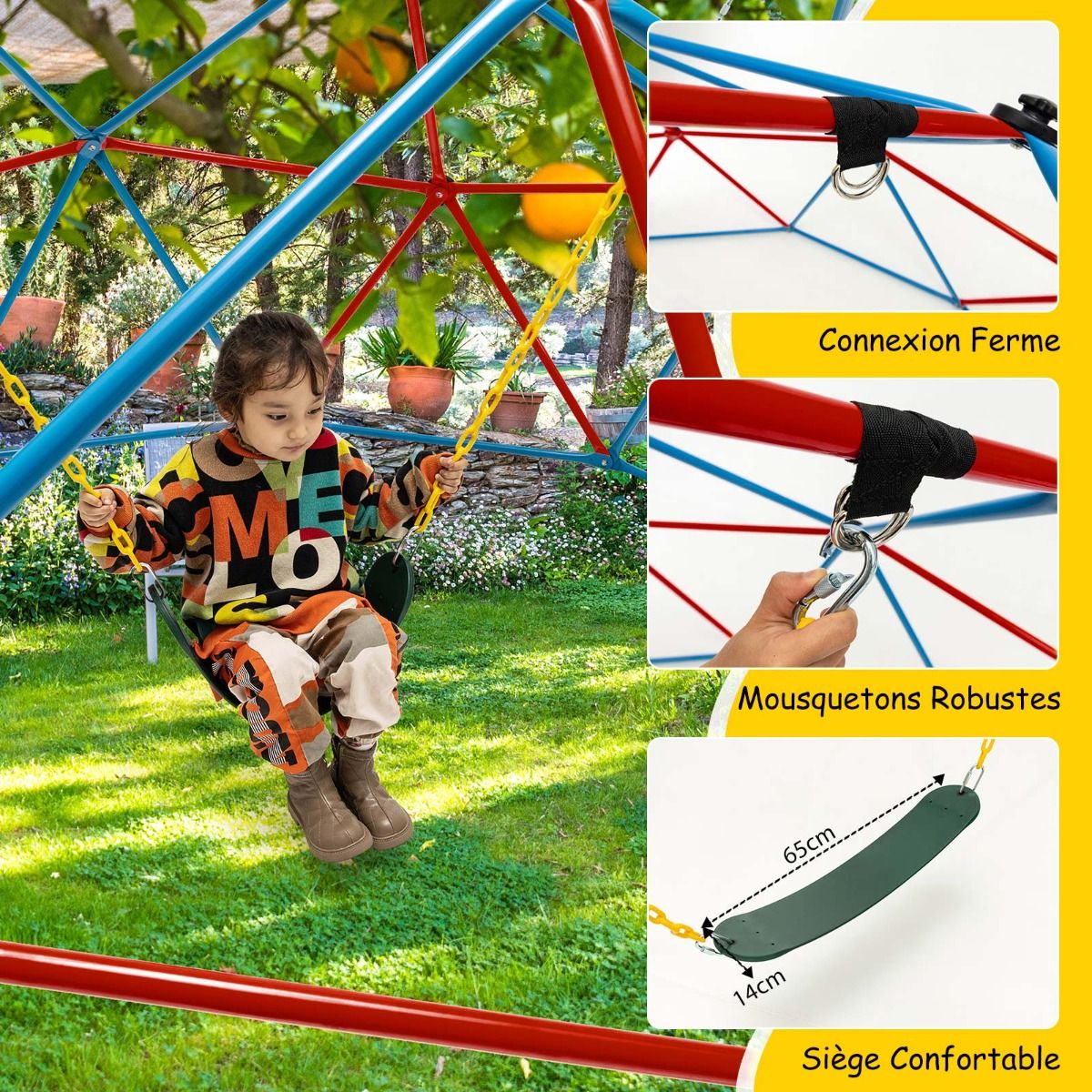 305cm Climbing Dome with Swing Metal Climbing Cage Max Load 363kg Indoor Outdoor for Children 3-10 Years Old Yellow/Red -