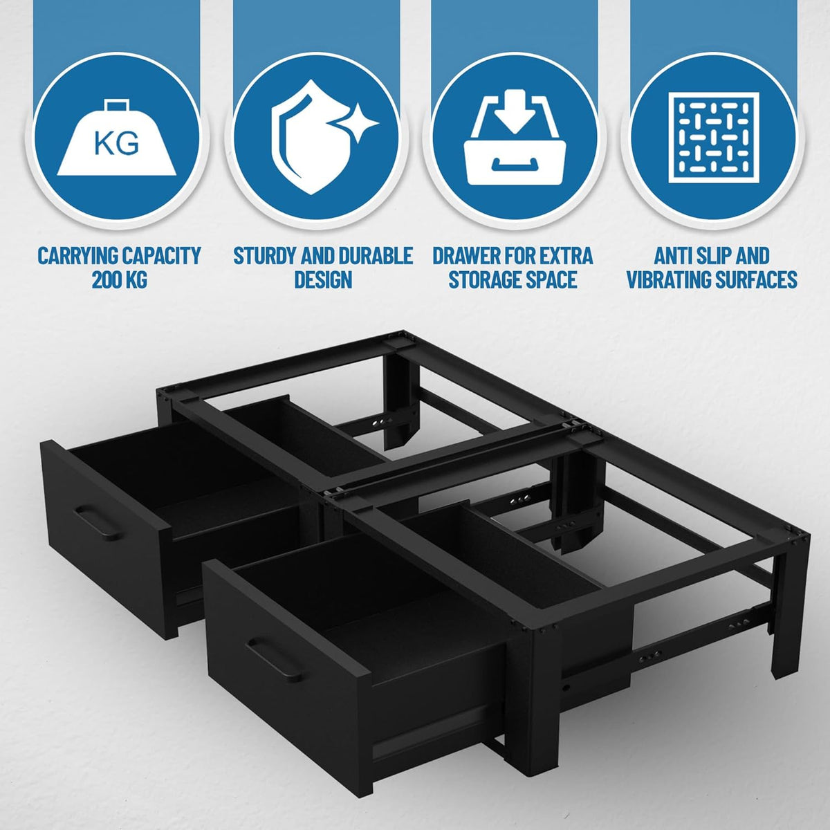 Vonia Double Riser for Washing Machine and Tumble Dryer – With Drawer – Robust Washing Machine Stand – Black