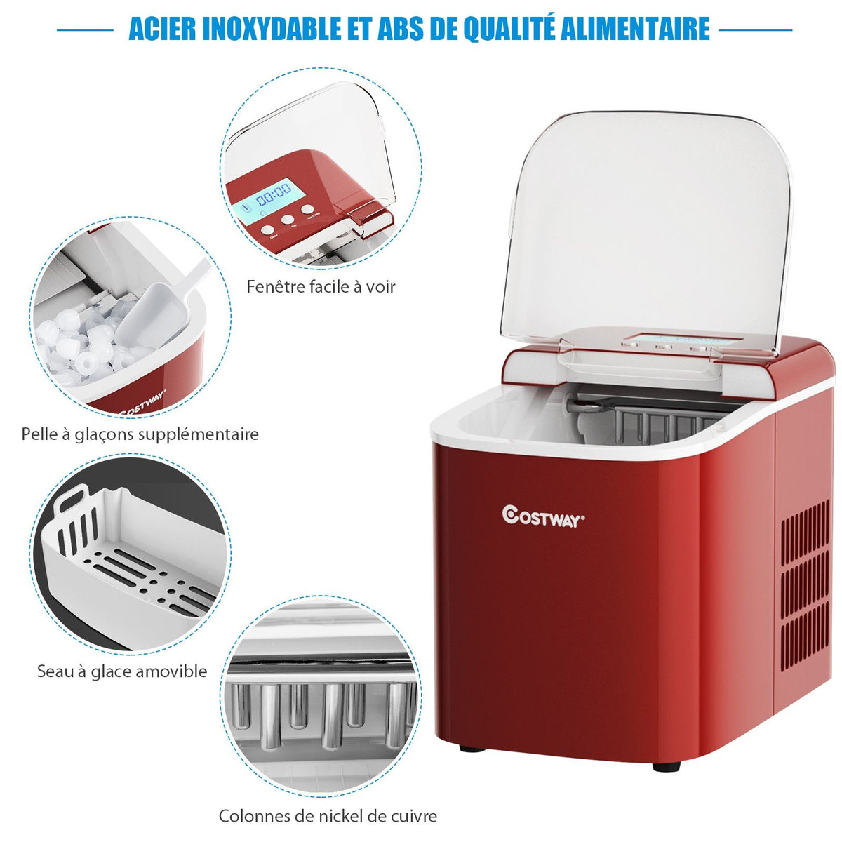Ice Cube Machine 12KG/24H 2 Ice Cube Sizes 2.1L Tank 9pcs in 7 Minutes Shovel Removable Basket Countertop Home Red -