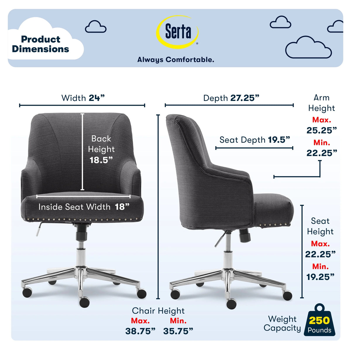 Serta Leighton Home Office Desk Chair Chrome Nailheads Twill Fabric Lilac Purple - Product image 63