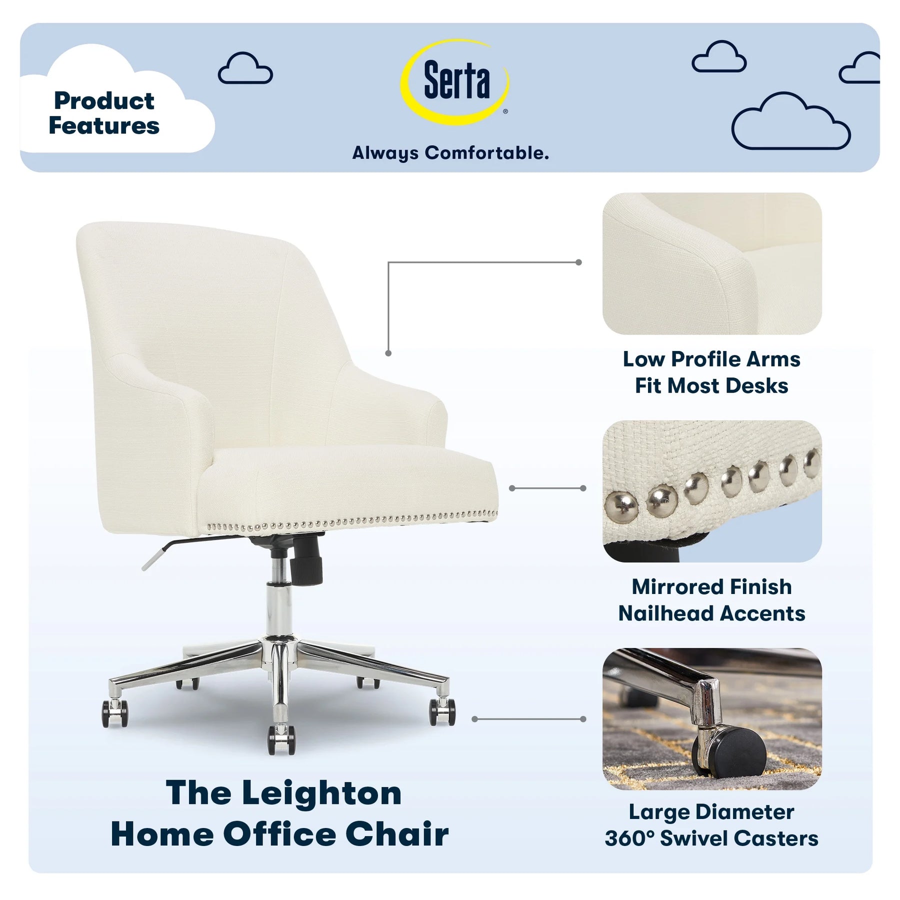 Serta Leighton Home Office Desk Chair Chrome Nailheads Twill Fabric Lilac Purple - Product image 54