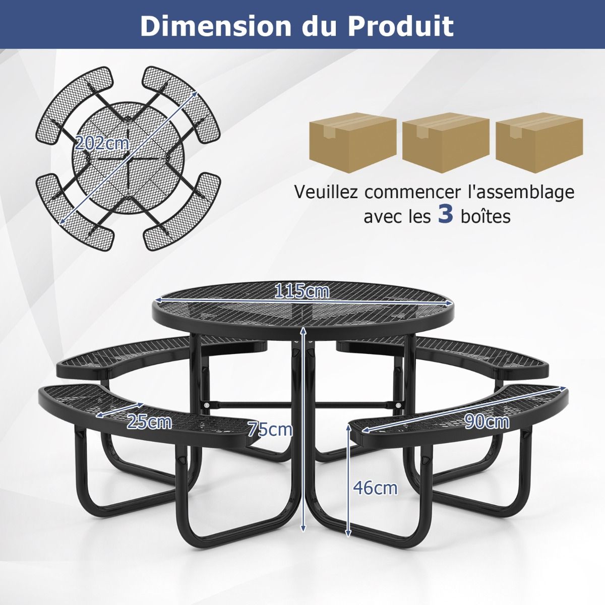 Round Picnic Table with 4 Integrated Benches for 8 People Metal Camping Table with Seats and Umbrella Hole 202x75cm Black -