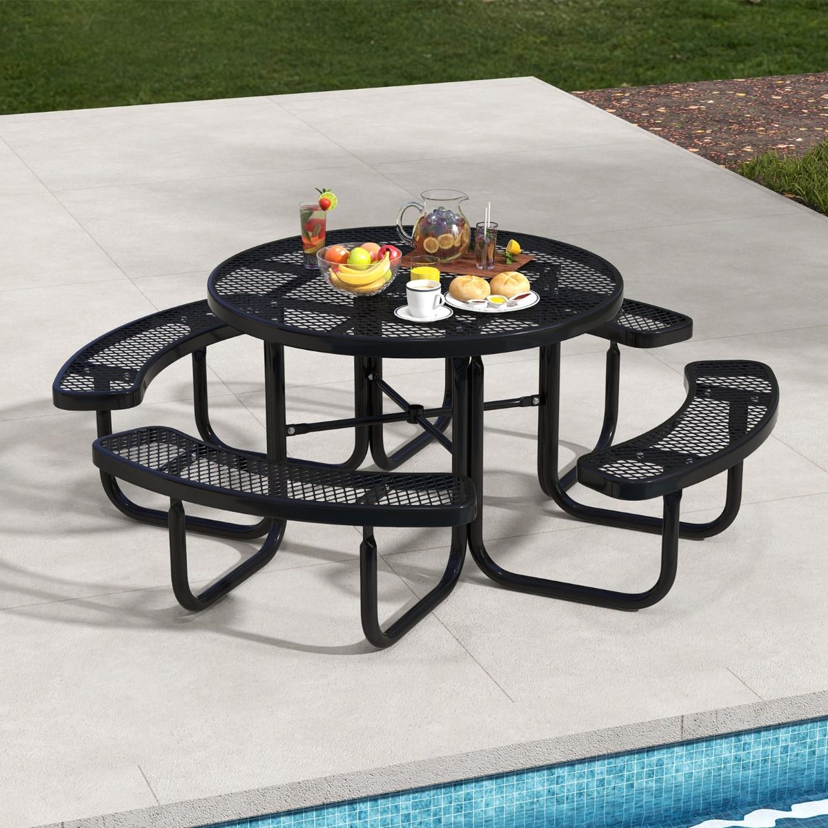 Round Picnic Table with 4 Integrated Benches for 8 People Metal Camping Table with Seats and Umbrella Hole 202x75cm Black -