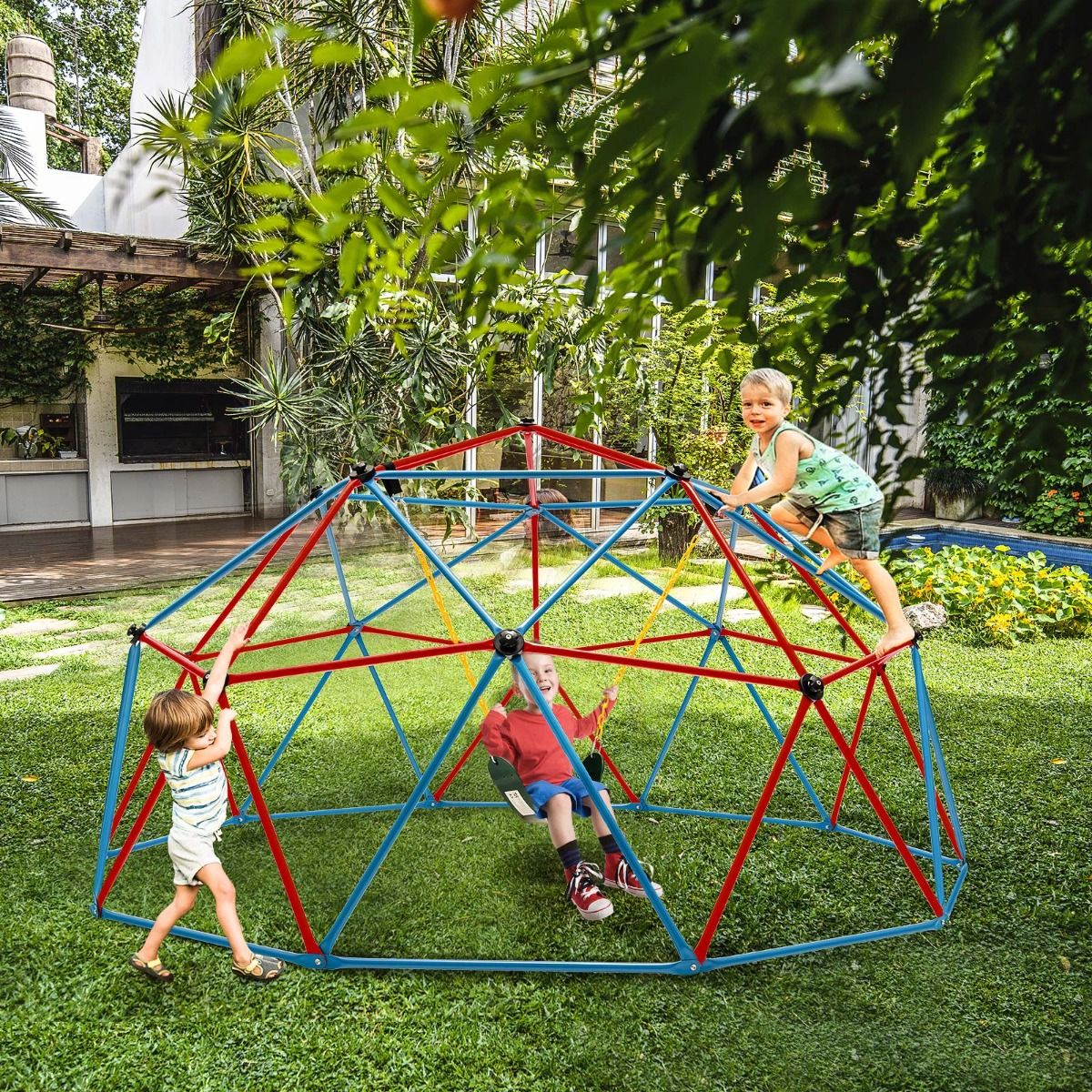 305cm Climbing Dome with Swing Metal Climbing Cage Max Load 363kg Indoor Outdoor for Children 3-10 Years Old Yellow/Red -
