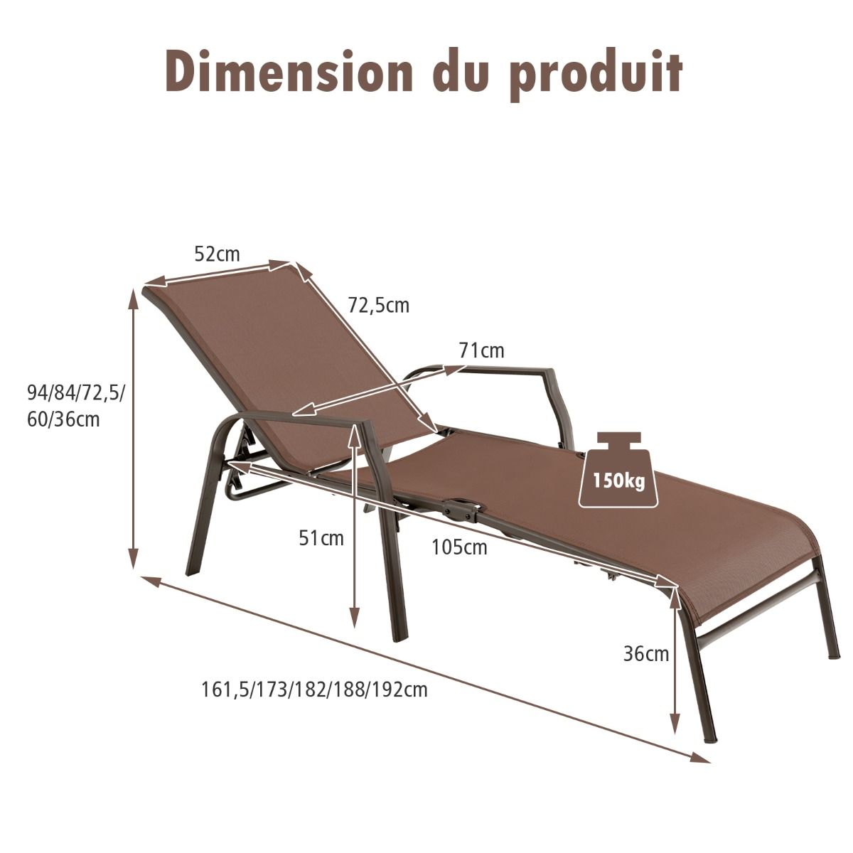 Set of 2 Deck Chairs with Adjustable Backrest Breathable Fabric Robust Steel Structure Max Load 150KG -