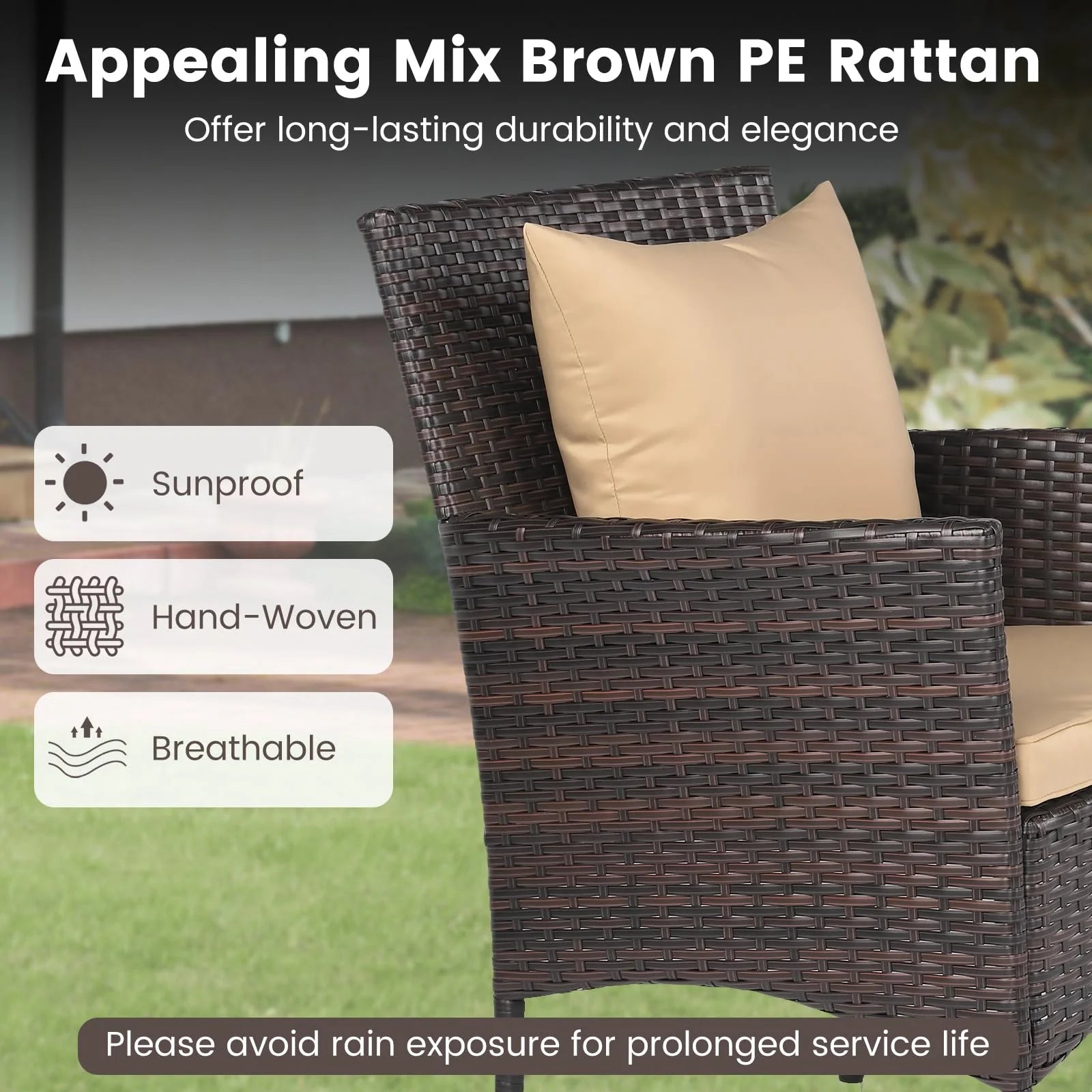 Tangkula 3 Pieces Patio Wicker Bistro Set - 2 Rattan Chairs w/ 2-Tier Tempered Glass Table - Product image 6