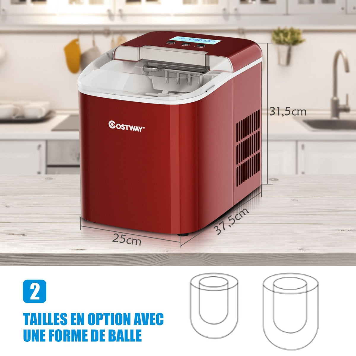 Ice Cube Machine 12KG/24H 2 Ice Cube Sizes 2.1L Tank 9pcs in 7 Minutes Shovel Removable Basket Countertop Home Red -