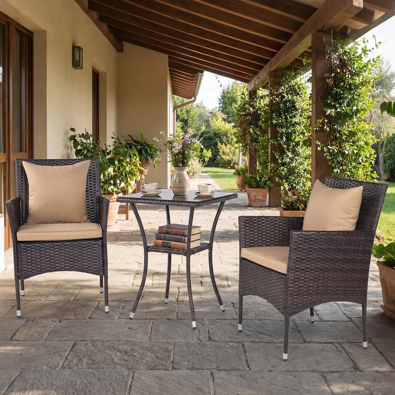 Tangkula 3 Pieces Patio Wicker Bistro Set - 2 Rattan Chairs w/ 2-Tier Tempered Glass Table - Product image 5