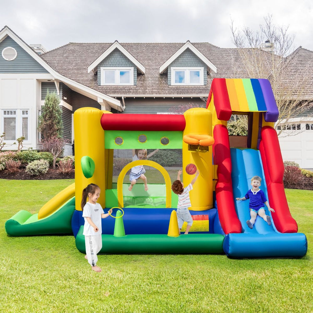 7 in 1 Rainbow Themed Inflatable Castle with Fan Double Slides Ball Pool Basketball Hoop Load 90kg