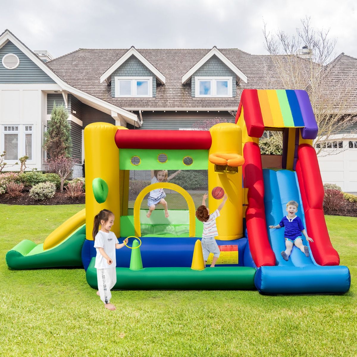 7 in 1 Rainbow Themed Inflatable Castle with Fan Double Slides Ball Pool Basketball Hoop Load 90kg -