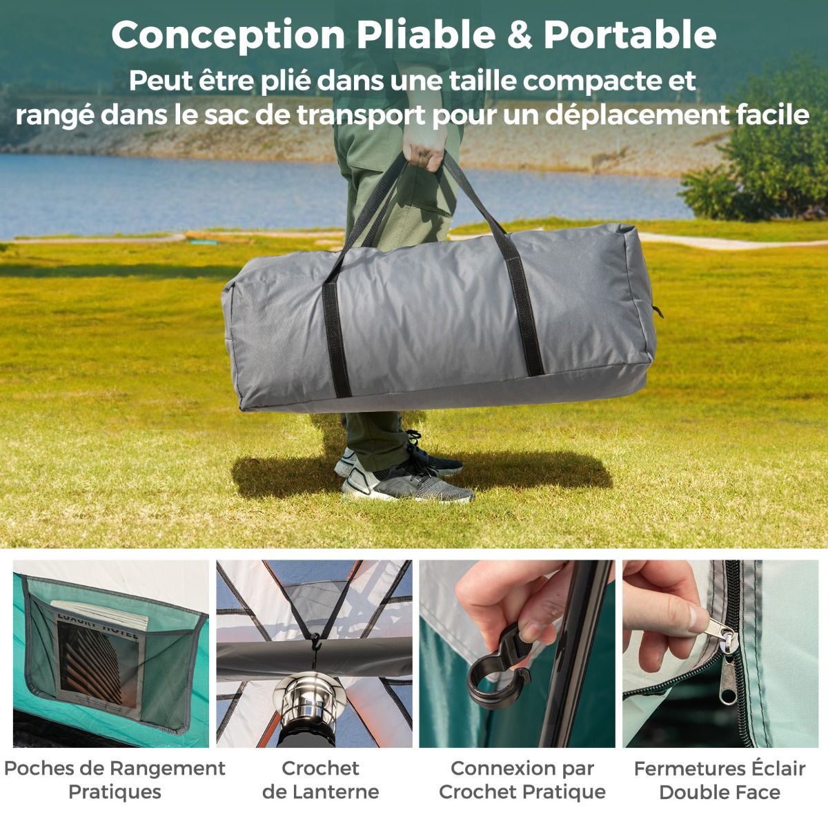 6 Person Camping Tent with 2 Rooms Double Bed Tent Double Roof PE Tarpaulin Waterproof Mesh Windows with Carry Bag Green -