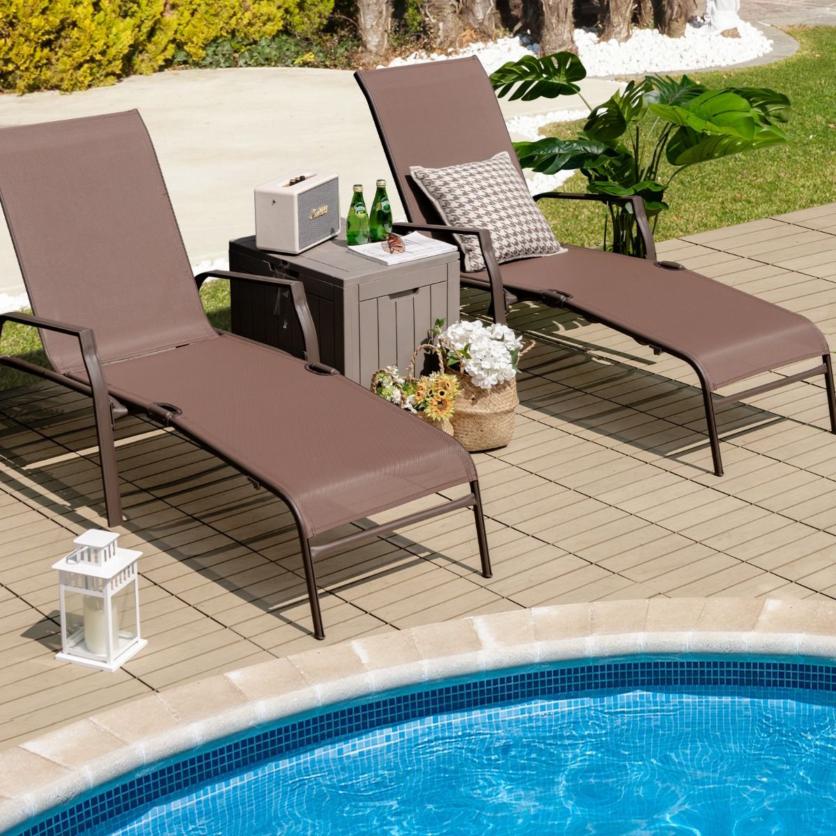 Set of 2 Deck Chairs with Adjustable Backrest Breathable Fabric Robust Steel Structure Max Load 150KG -