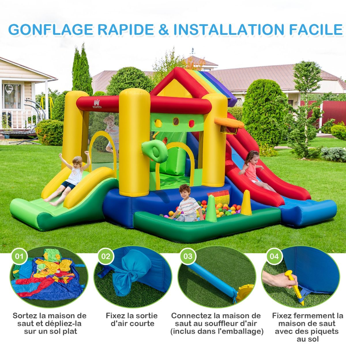 7 in 1 Rainbow Themed Inflatable Castle with Fan Double Slides Ball Pool Basketball Hoop Load 90kg -