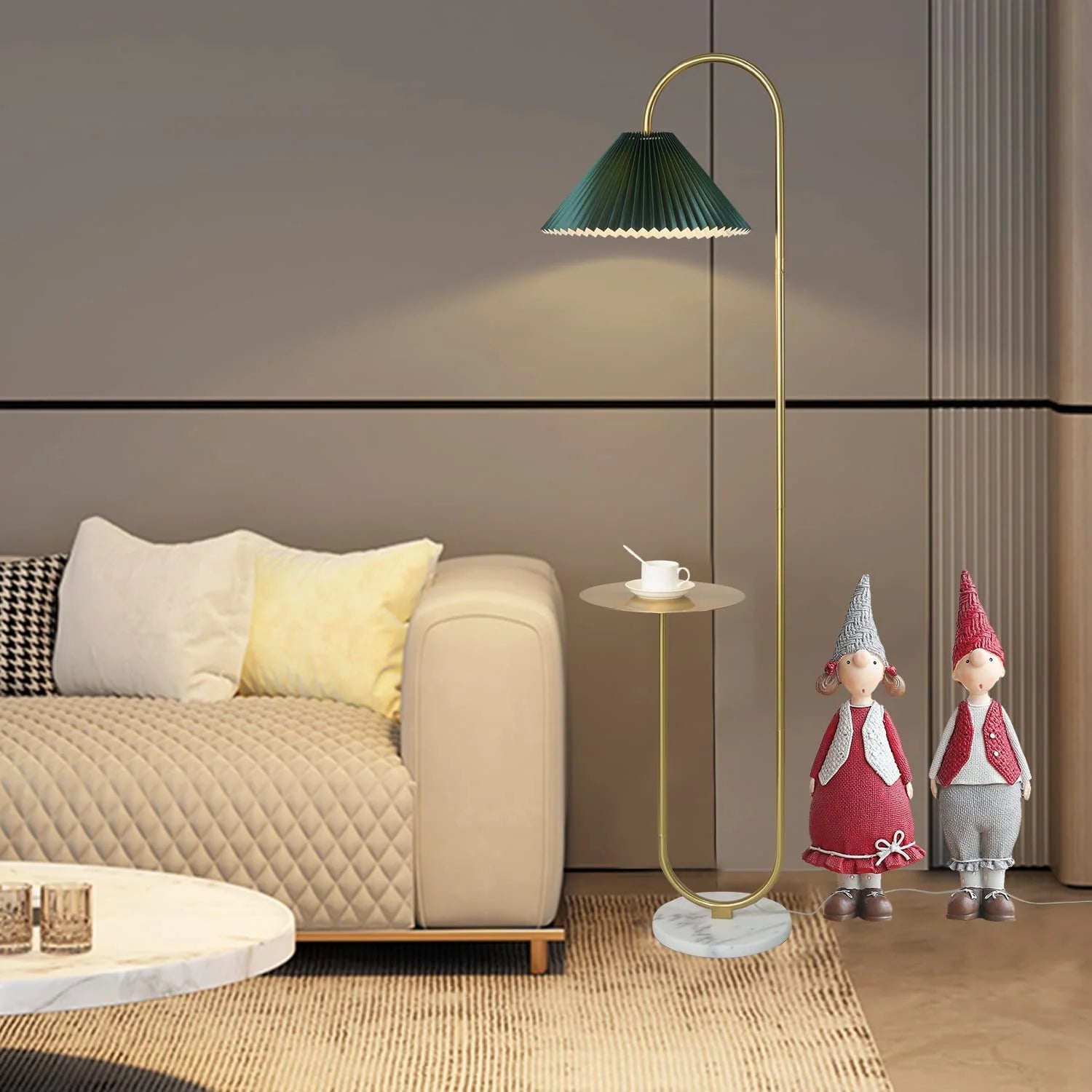 Modern Elegant with Tray Floor Lamp for Office Cafe Den Living Room Bedroom, Foot Switch and Brass/Gold Finish, Light Yellow Pleated Cloth Lampshade