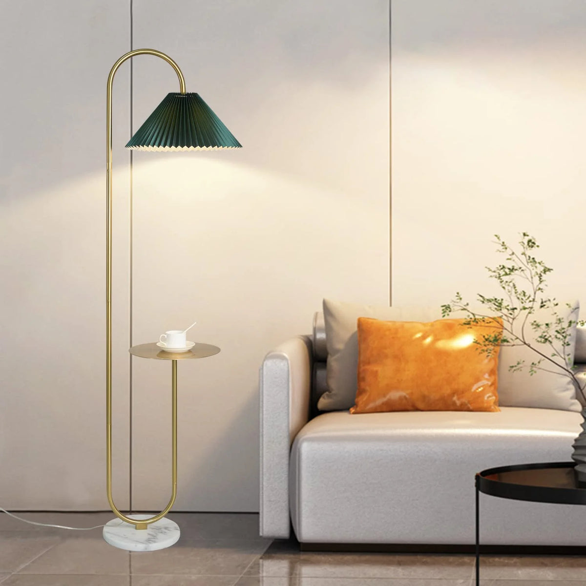 Modern Elegant with Tray Floor Lamp for Office Cafe Den Living Room Bedroom, Foot Switch and Brass/Gold Finish, Light Yellow Pleated Cloth Lampshade