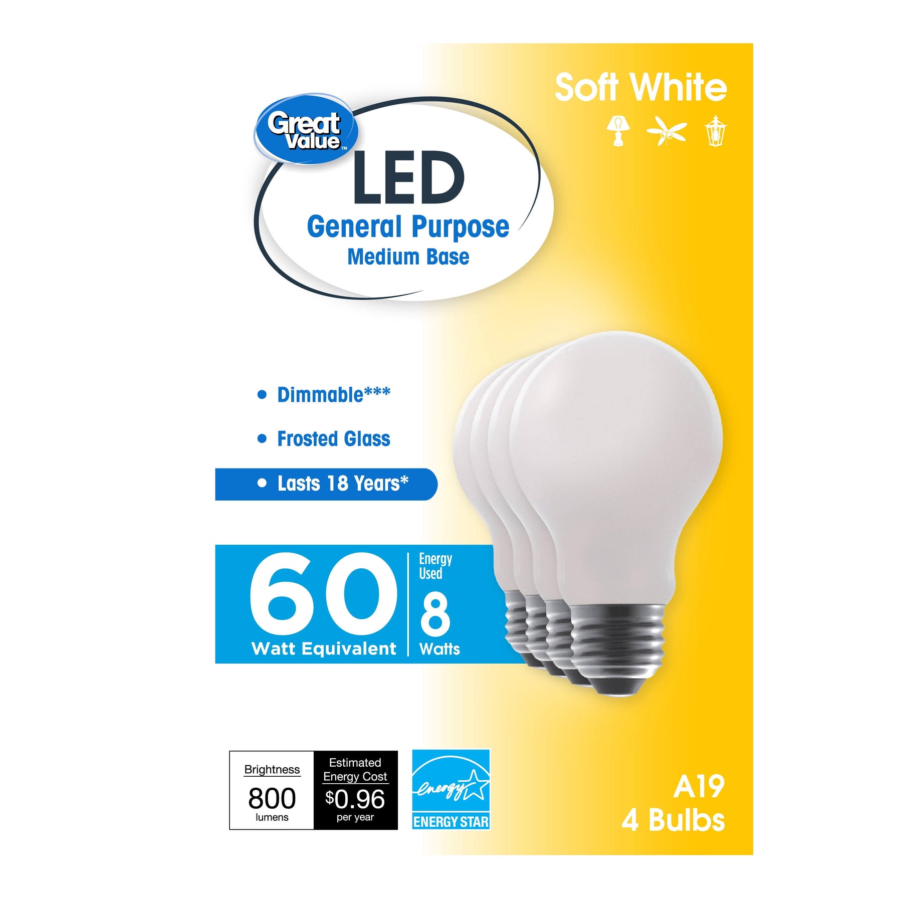 Great Value 60 Watt LED A19 Bulbs, Soft White - 4 Each 41676 - Product image 1